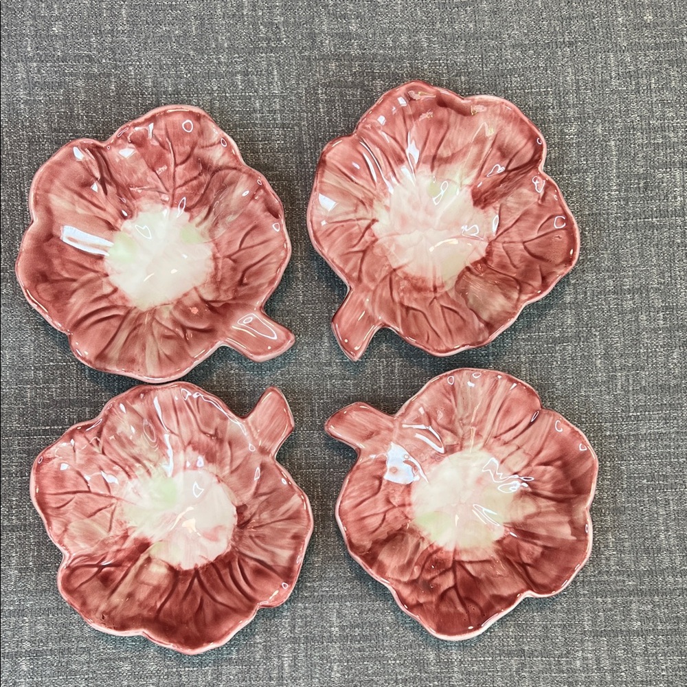 Pottery Barn Majolica Snack Bowls Flowers Set of 4 Mauve Hint of Green Ceramic